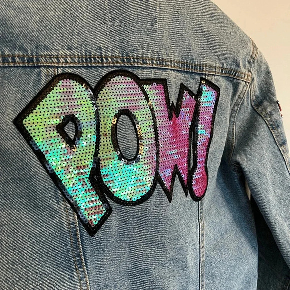 DD77 jeans jacket custom made POW💥 diamond and cat  sequin patches sz small - Picture 3 of 9